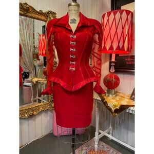vintage 1980s red statement suit IIF sheer sleeves hourglass cocktail holiday 26